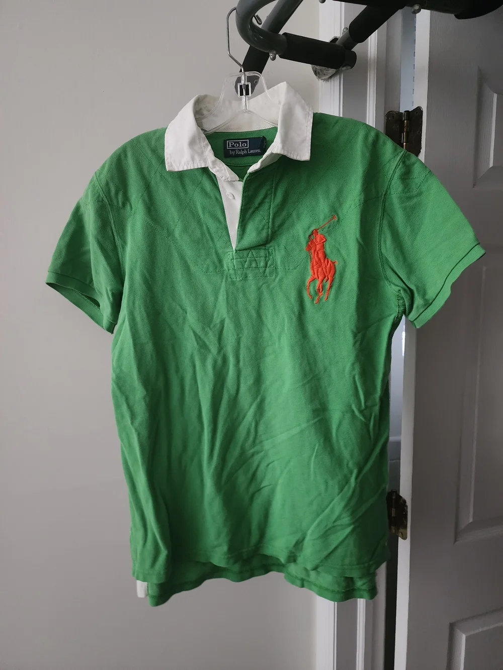 Polo by Ralph Lauren Green Rugby Polo with White Collar and Orange Pony.  S-M
